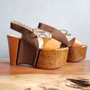 FENDI SANDALS LEATHER, FABRIC AND CORK, MADE IN ITALY, SIZE 8.5